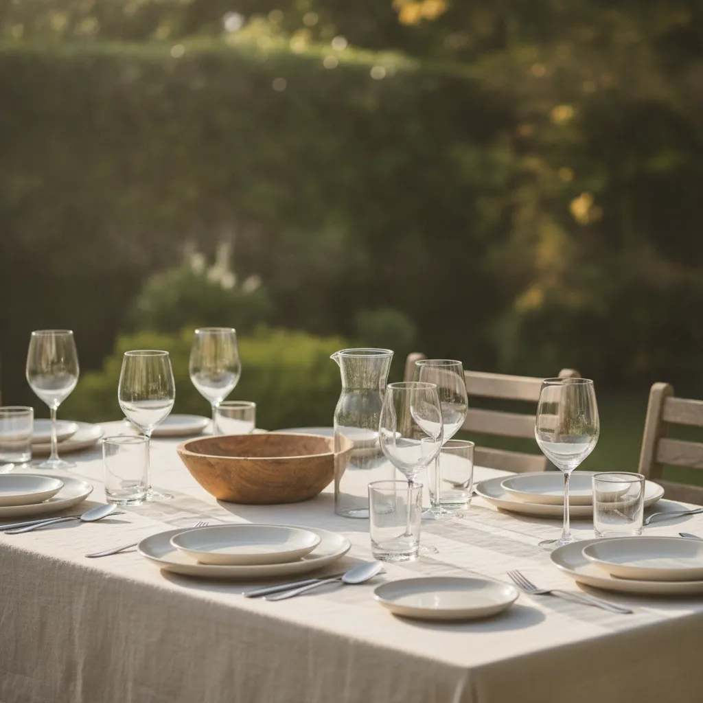 Table dressée pour un repas de famille dans un jardin