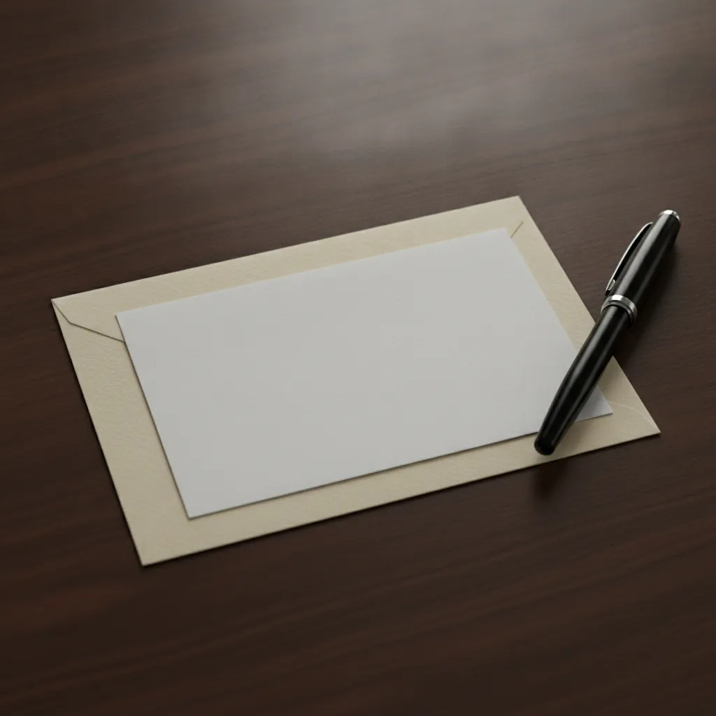 Carte de correspondance vierge et enveloppe posées sur une table en bois