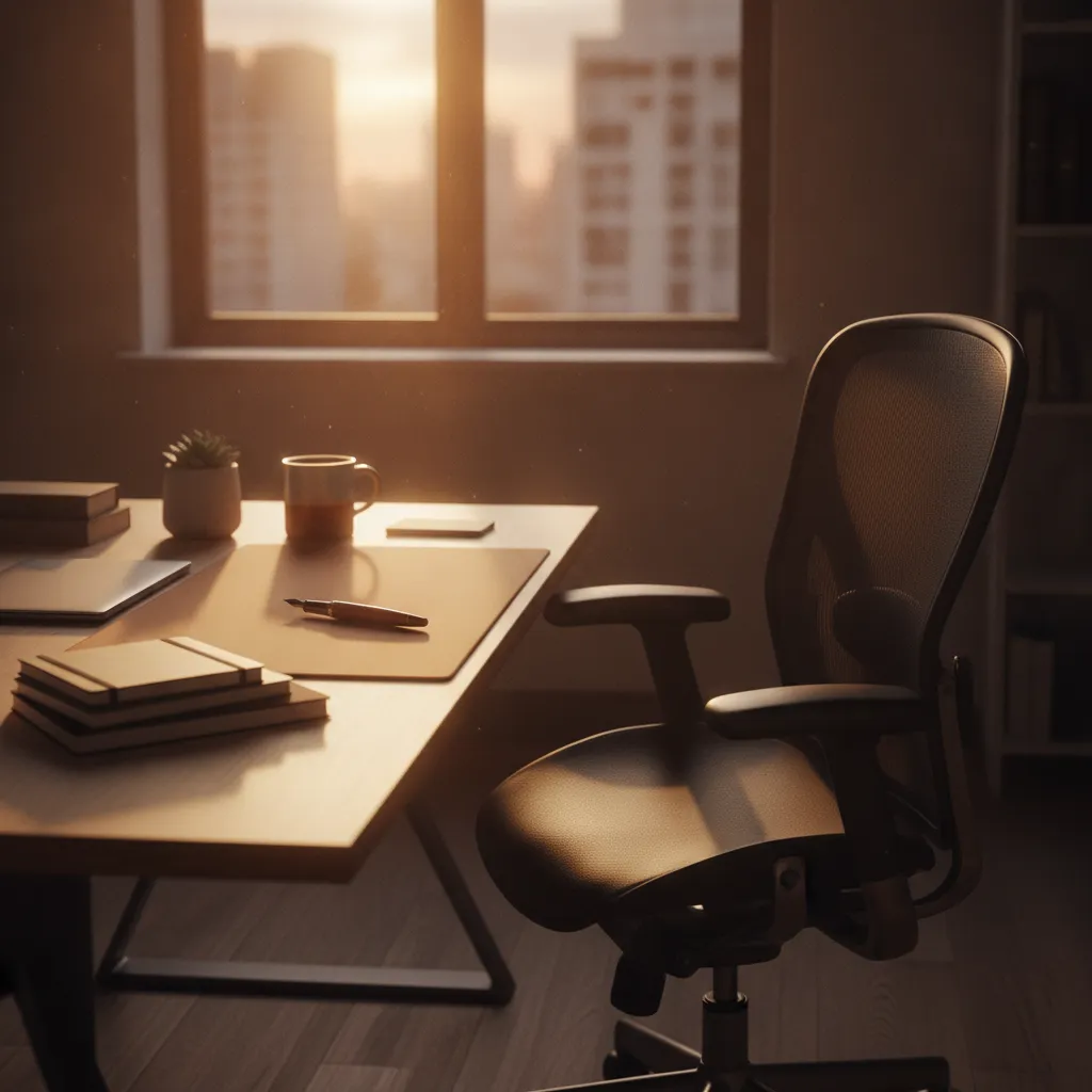Bureau rangé et chaise vide en fin de journée dans une lumière rasante