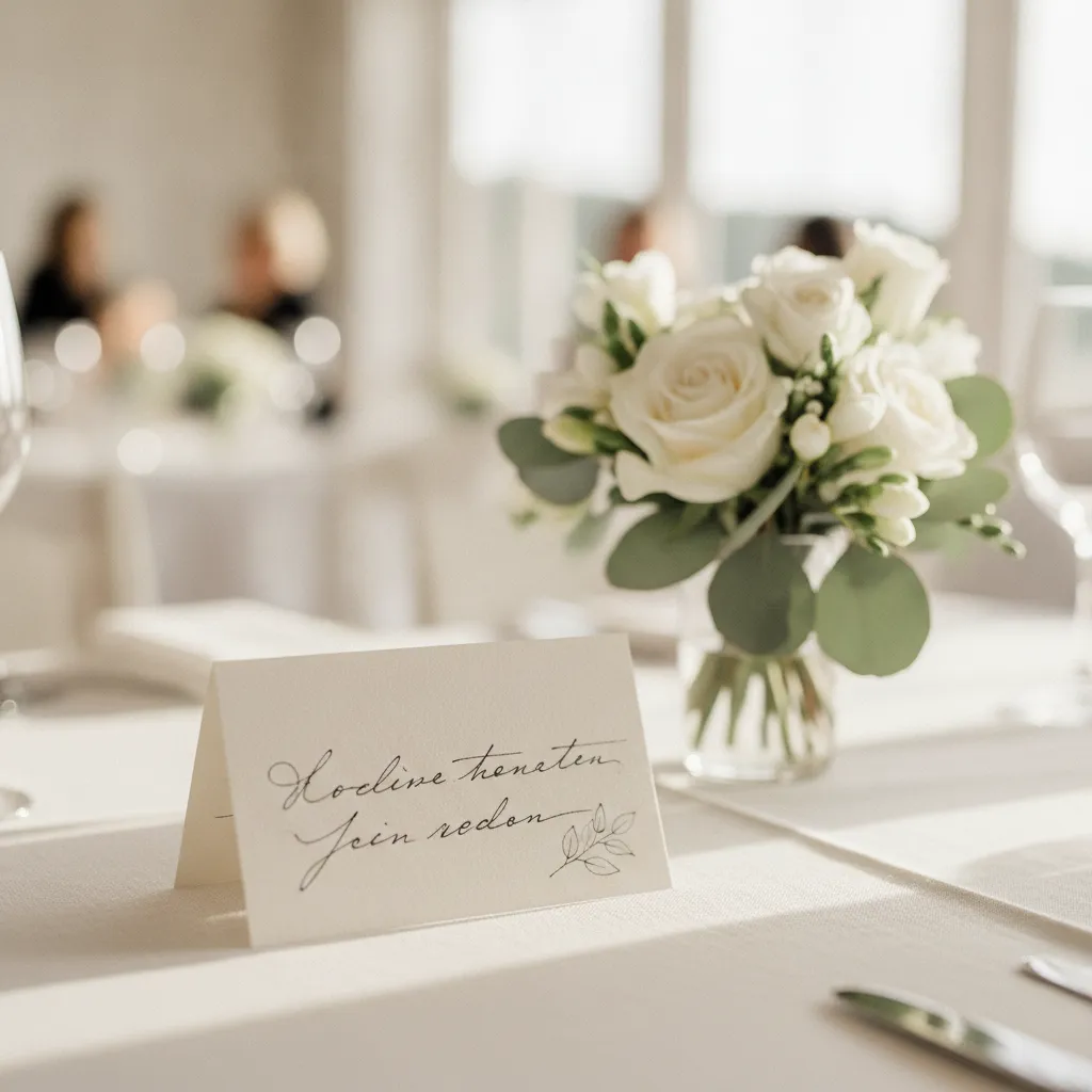 Carte manuscrite posée sur une table de réception près d'un bouquet